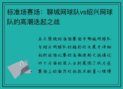 标准场赛场：聊城网球队vs绍兴网球队的高潮迭起之战